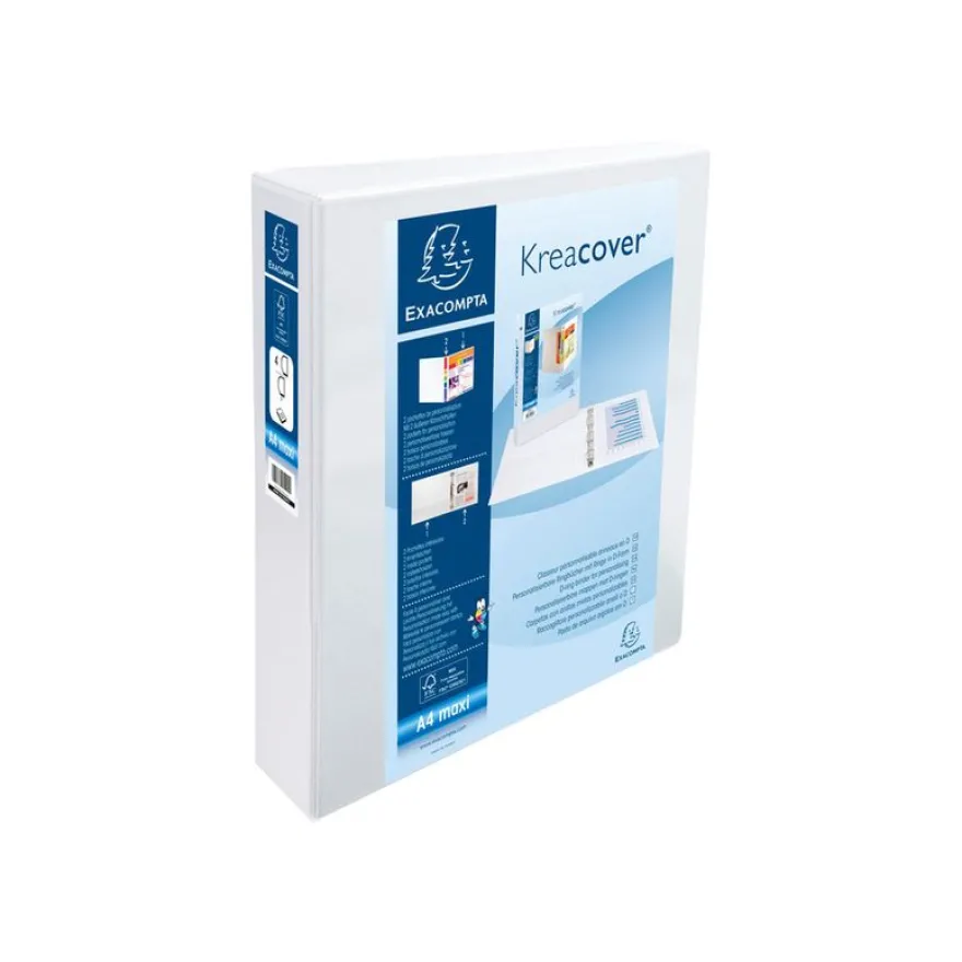 Exacompta Kreacover - Classeur à anneaux personnalisable - Dos 40 mm - A4 Maxi - pour 225 feuilles - blanc - 2 pochettes extérieures