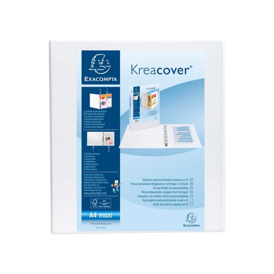 Exacompta Kreacover - Classeur à anneaux personnalisable - Dos 50 mm - A4 Maxi - blanc - 2 pochettes extérieures