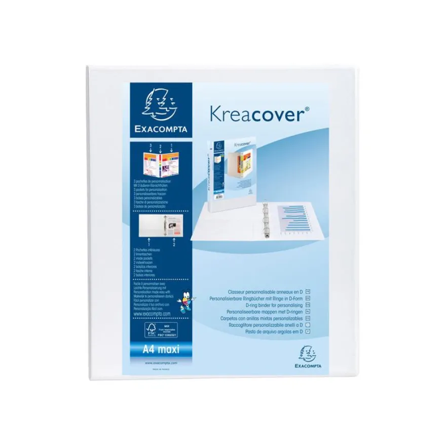 Exacompta Kreacover - Classeur à anneaux personnalisable - Dos 44 mm - A4 Maxi - blanc - 3 pochettes extérieures