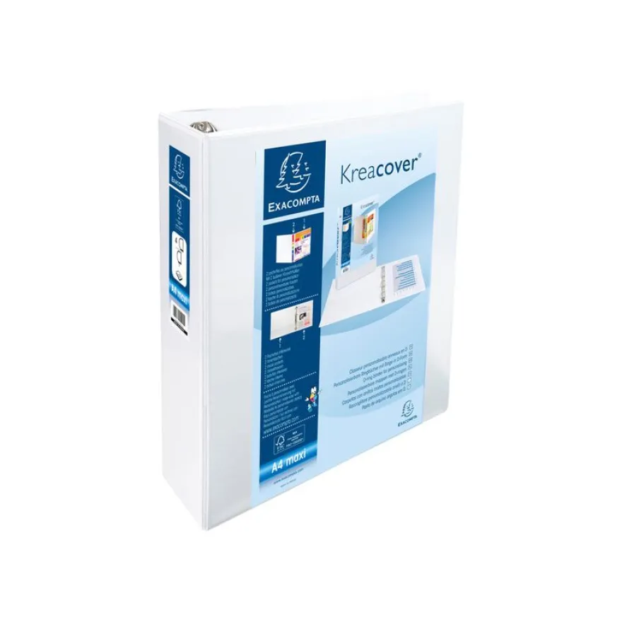 Exacompta Kreacover - Classeur à anneaux personnalisable - Dos 60 mm - A4 Maxi - blanc - 2 pochettes extérieures