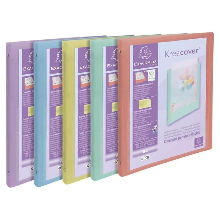 Exacompta Kreacover Pastel - Classeur 4 anneaux personnalisable - Dos 20 mm - A4 - pour 140 feuilles - disponible dans différentes couleurs