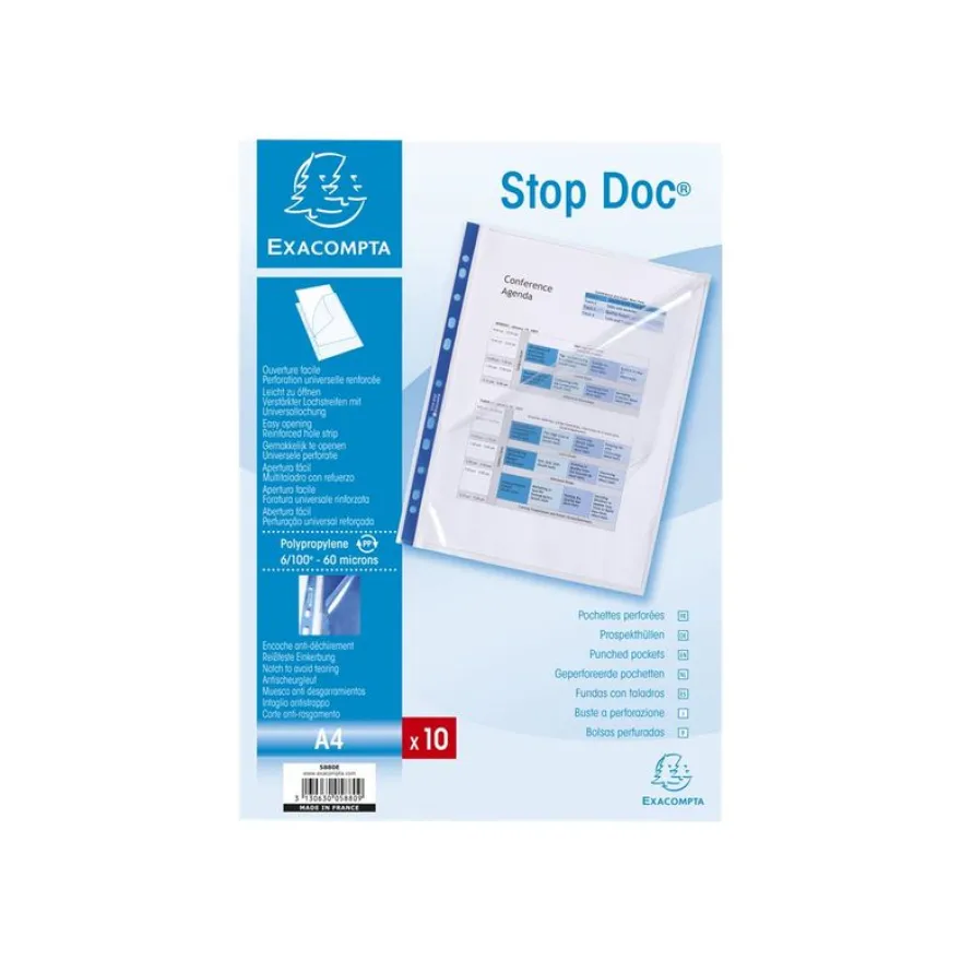 Exacompta Stop Doc - 10 Pochettes perforées ouverture en coin - A4 - incolore