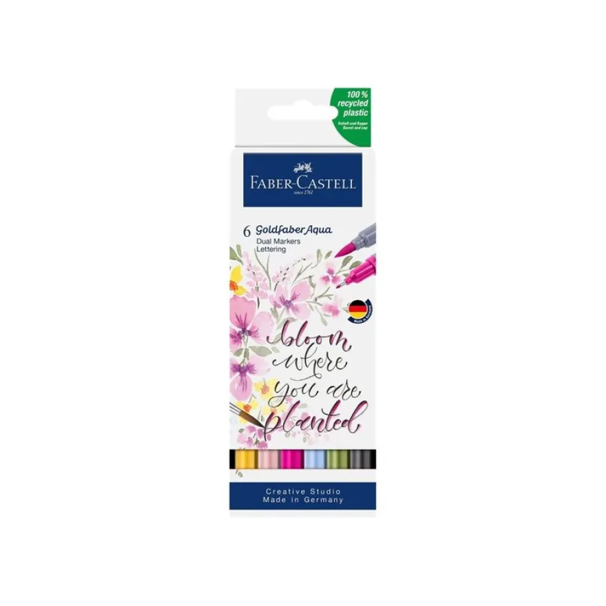 Faber-Castell Goldfaber Aqua - 6 Feutres double pointe - noir, jaune de cadmium, rose violet moyen, rose pâle, vert de chrome opaque, bleu ciel pastel