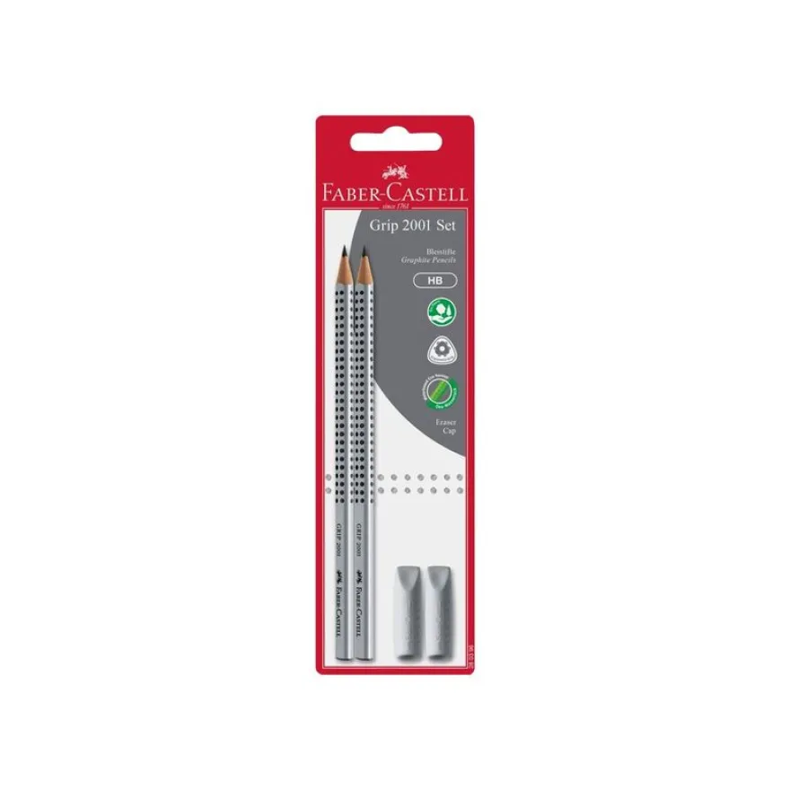 Faber-Castell Grip 2001 - Set de 2 crayons à papier + gommes - HB