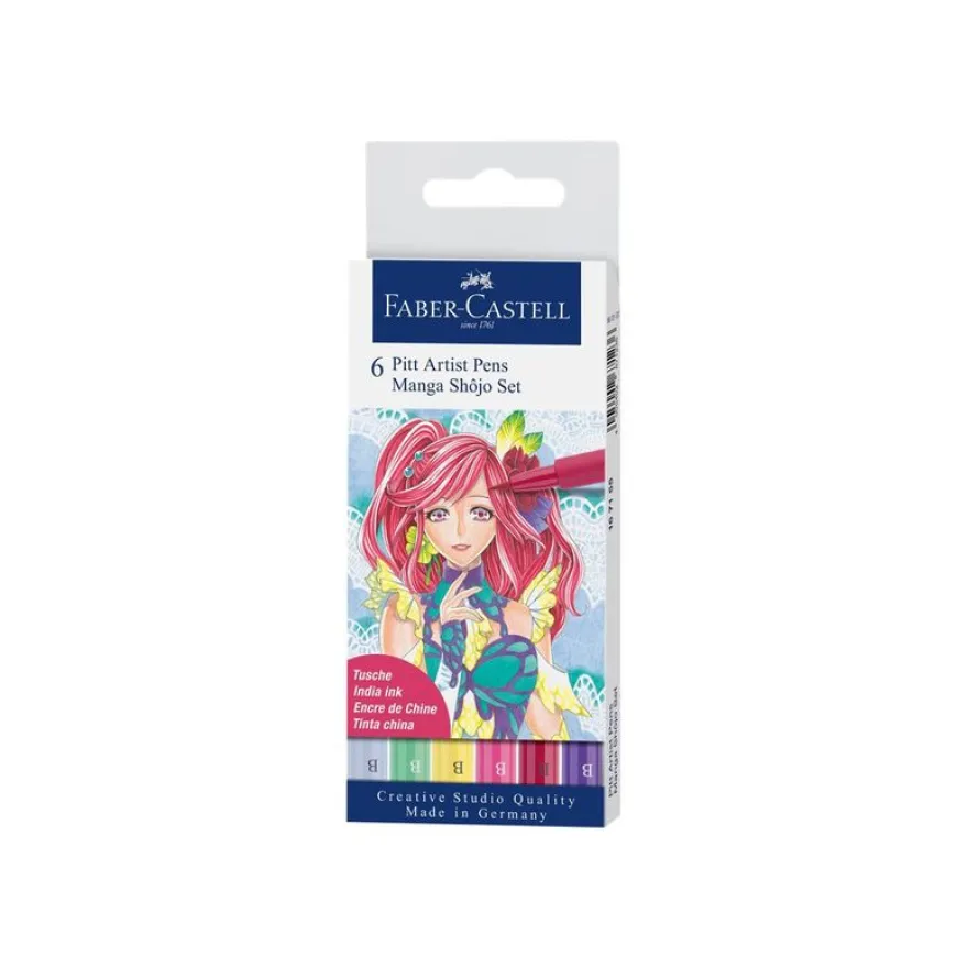 Faber-Castell Pitt Artist Pen Manga Shôjo - 6 Feutres pinceaux à pointe souple à l'encre de Chine - couleurs assorties