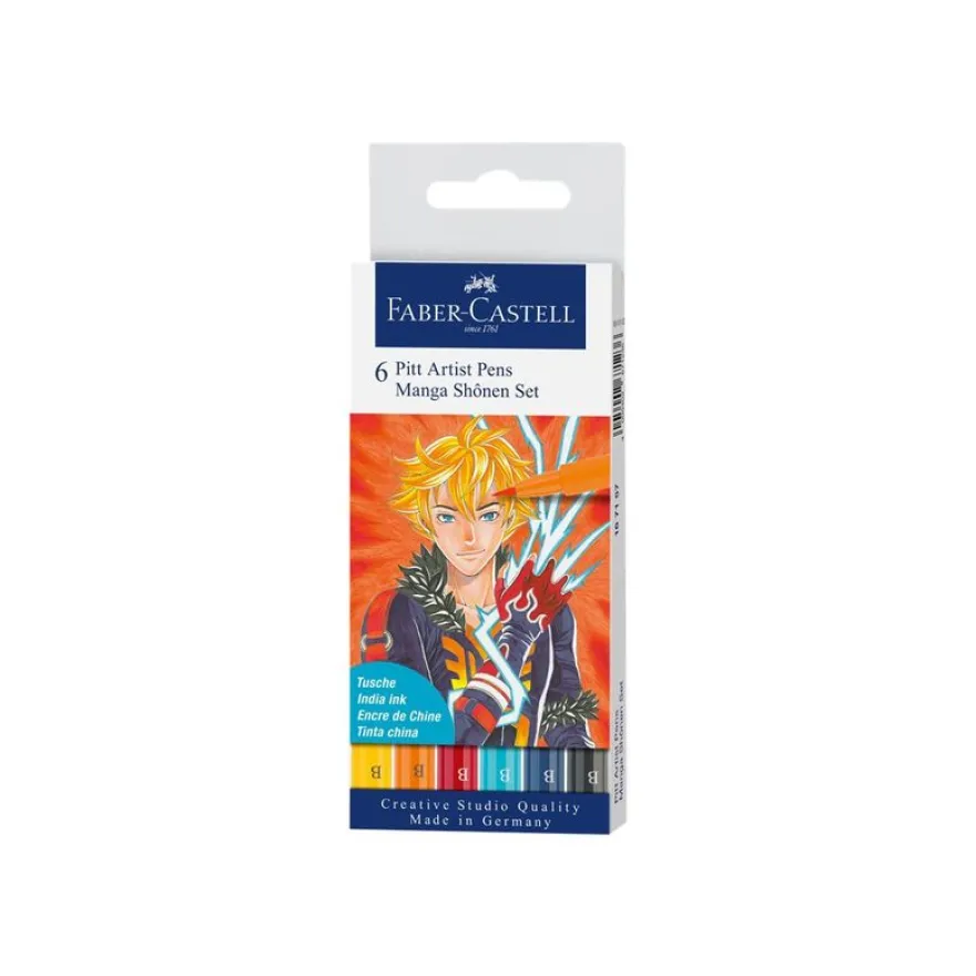 Faber-Castell Pitt Artist Pen Manga Shônen - 6 Feutres pinceaux à pointe souple à l'encre de Chine - couleurs assorties
