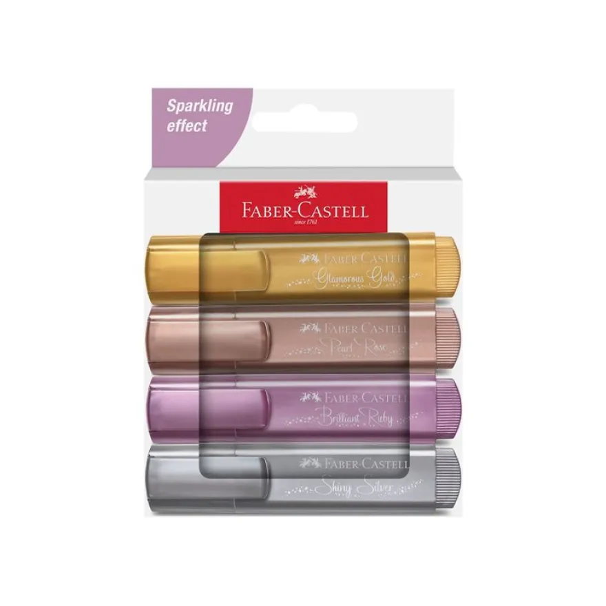 Faber-Castell Textliner 46 - Pack de 4 surligneurs métalliques - rose perle, argent brillant, rubis brillant, or glamour