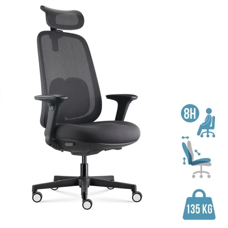 Fauteuil de bureau NELSON - accoudoirs réglables - appuie-tête réglable - noir