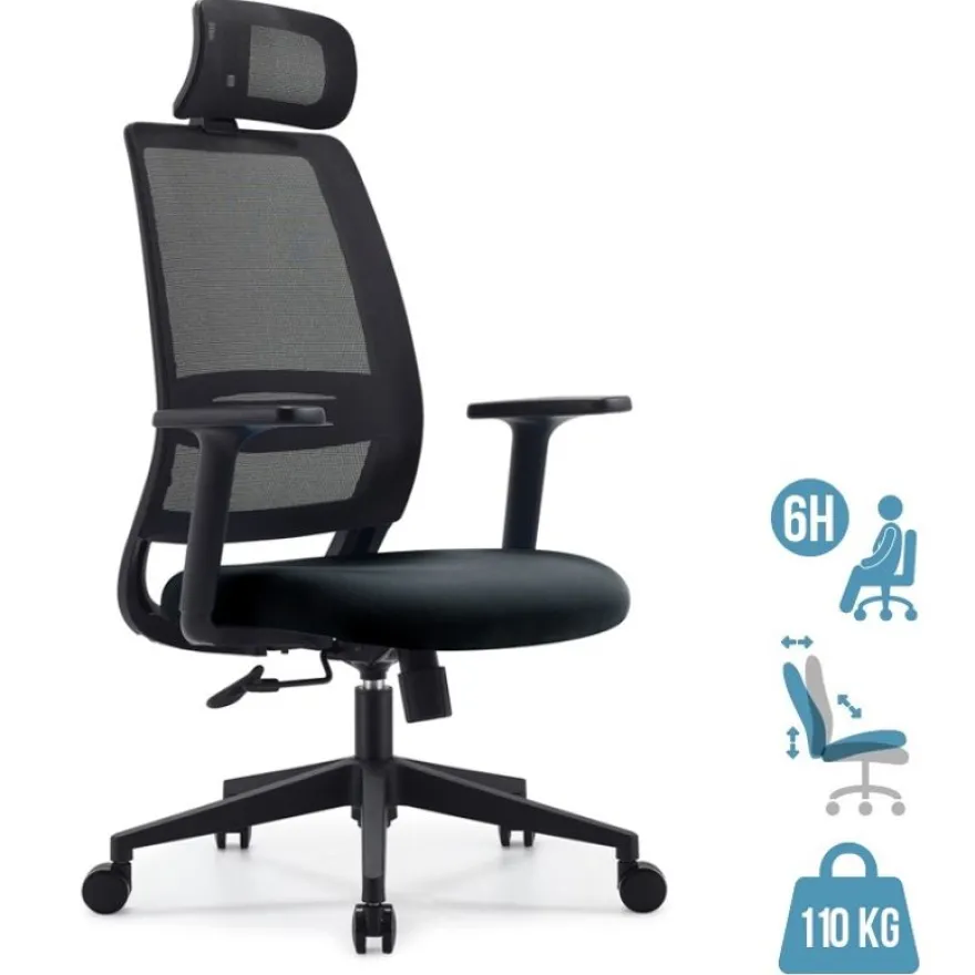 Fauteuil de bureau OPEN - accoudoirs réglables - appuie-tête réglable - noir