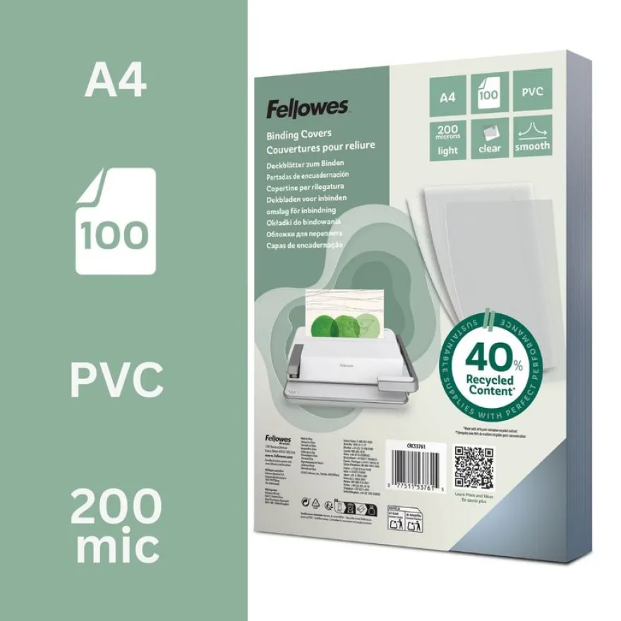 Fellowes - 100 couverture à reliures A4 (21 x 29,7 cm) - plastique 200 microns - transparent