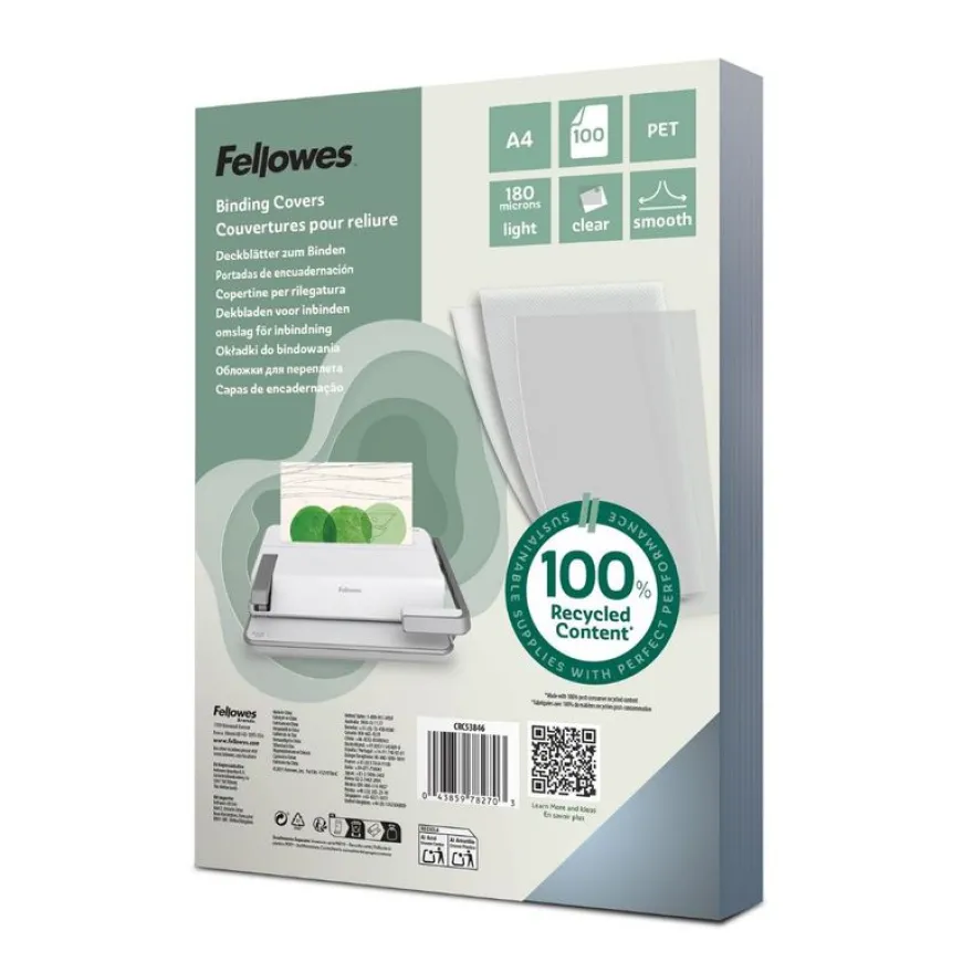Fellowes - 100 couvertures à reliure A4 (21 x 29,7 cm) - 180 microns - 100% recyclé - transparent