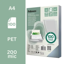 Fellowes - 100 couvertures à reliure A4 (21 x 29,7 cm) - 200 microns - 100% recyclé - transparent