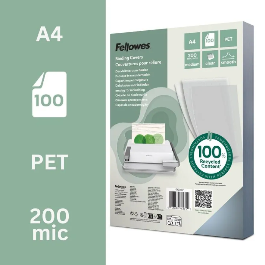 Fellowes - 100 couvertures à reliure A4 (21 x 29,7 cm) - 200 microns - 100% recyclé - transparent