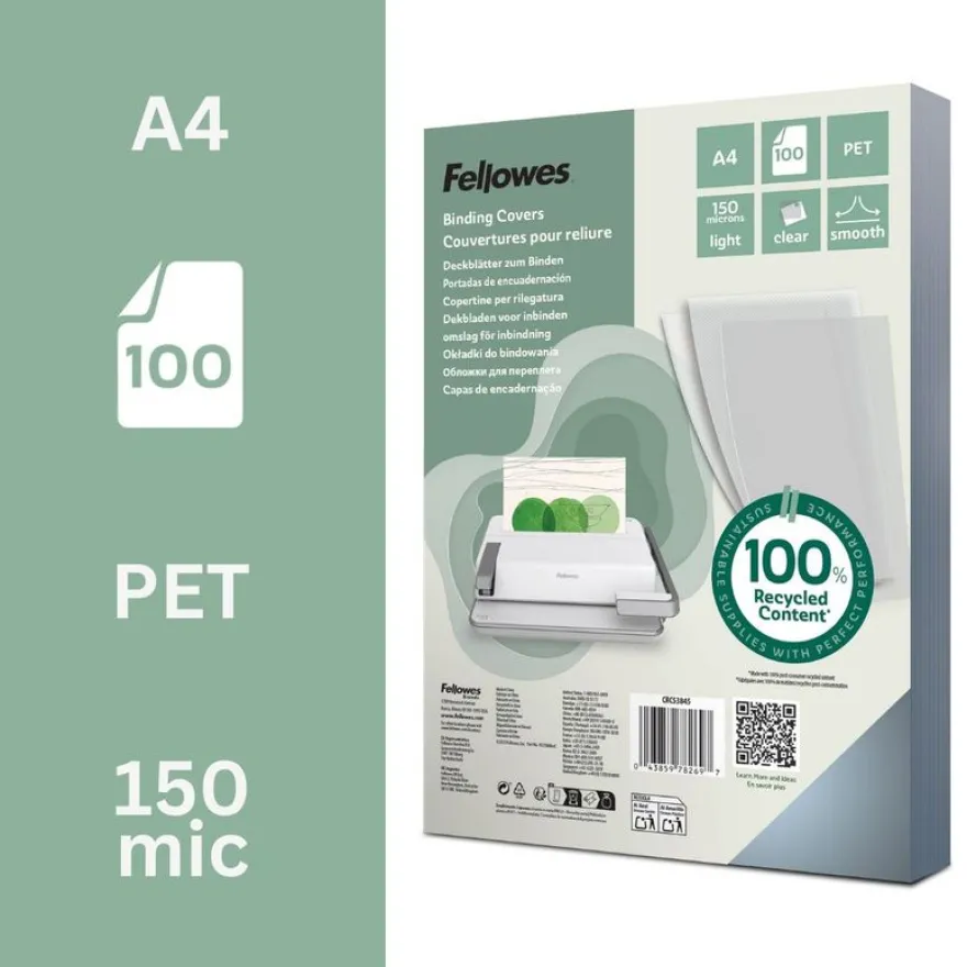 Fellowes - 100 couvertures à reliure A4 (21 x 29,7 cm) - 150 microns - 100% recyclé - transparent