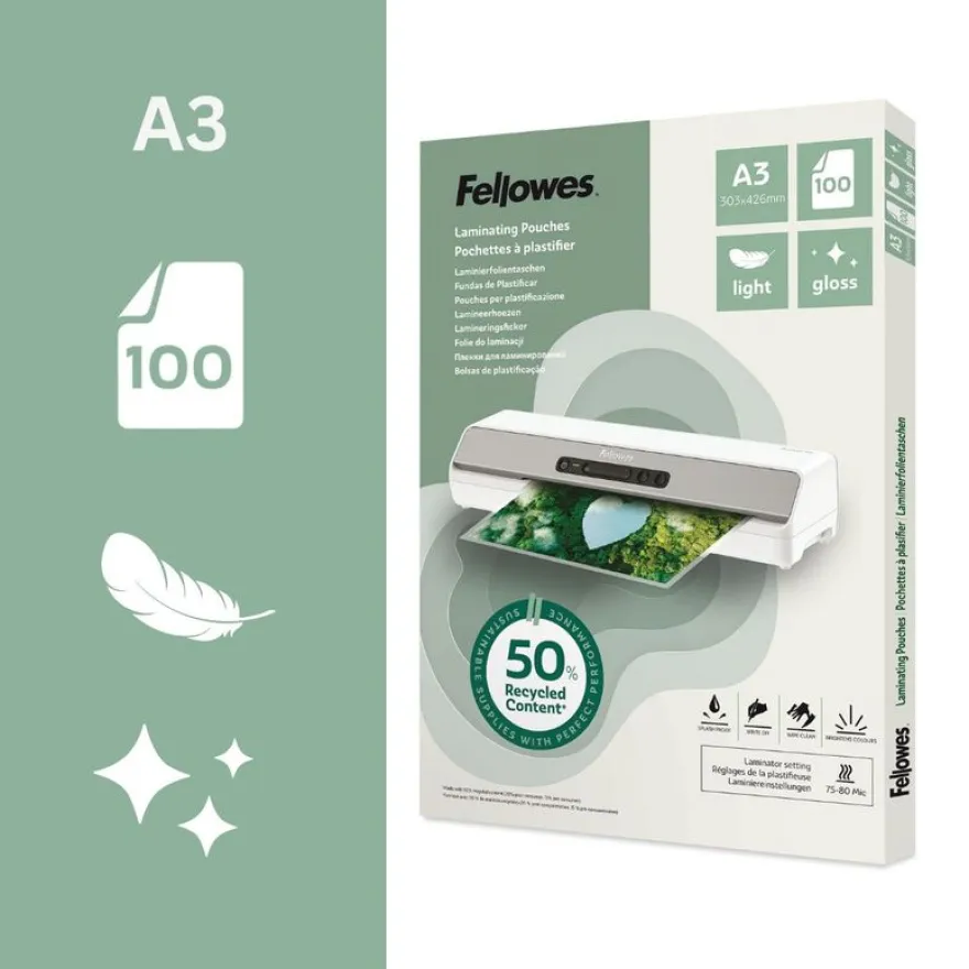 Fellowes - 100 pochettes de plastification A3 - recyclé - brillantes