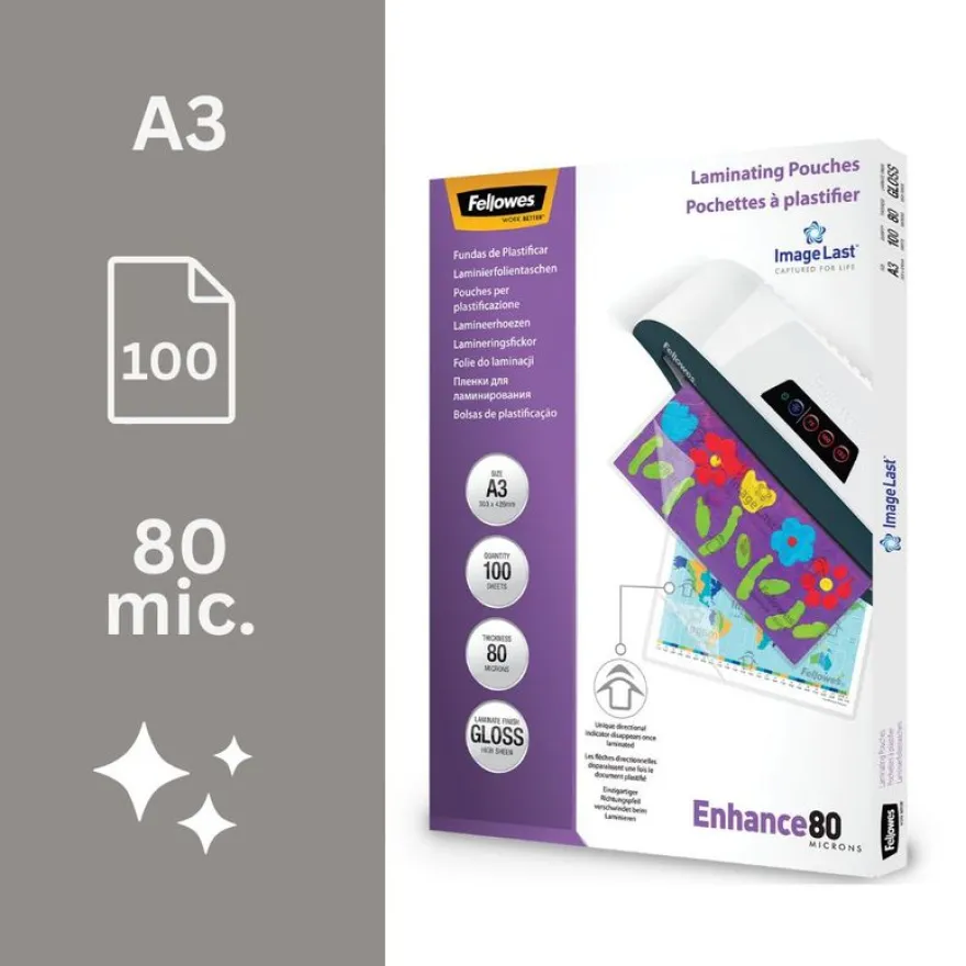 Fellowes - 100 pochettes de plastification A3 (303 x 426 mm) - 80 microns - brillantes