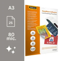 Fellowes - 25 pochettes de plastification A3 (303 x 426 mm) - 80 microns - brillantes dos adhésif
