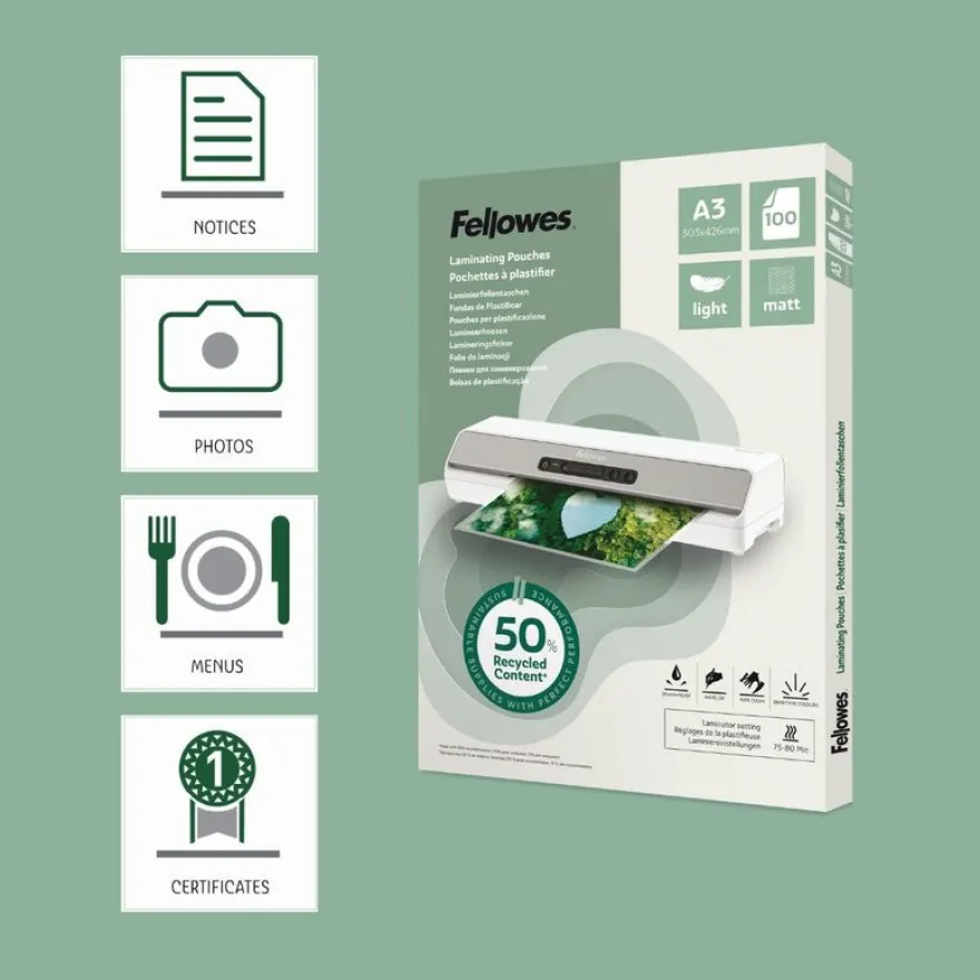 Fellowes - 100 pochettes de plastification A3 - recyclé - mates
