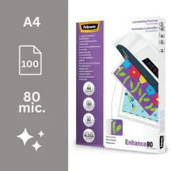 Fellowes - 100 pochettes de plastification A4 (216 x 303 mm) - 80 microns - brillantes pré-perforées