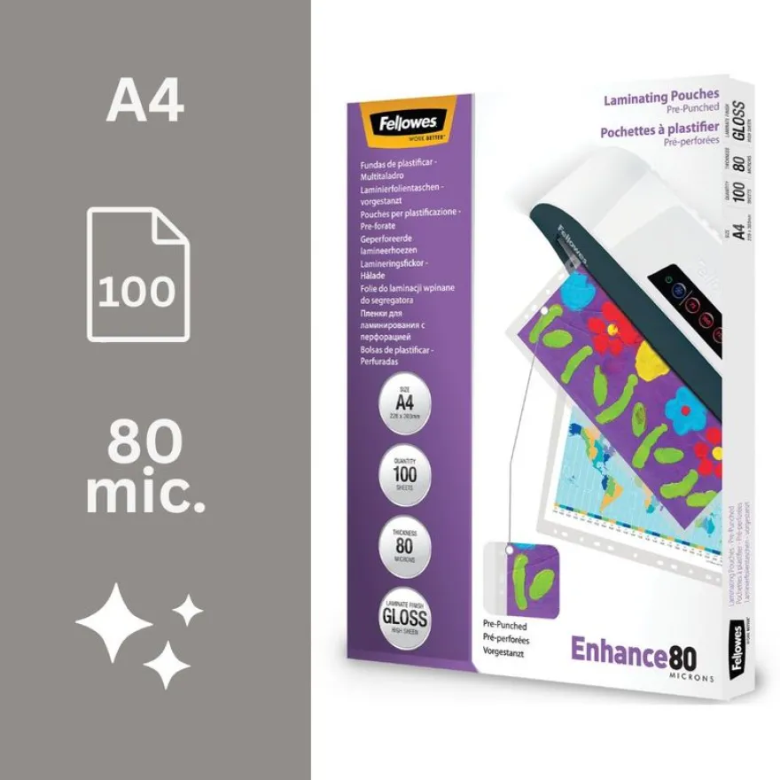 Fellowes - 100 pochettes de plastification A4 (216 x 303 mm) - 80 microns - brillantes pré-perforées