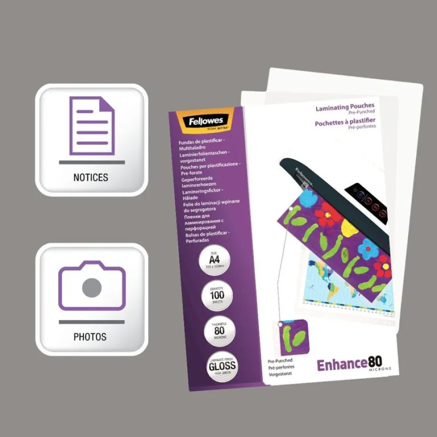 Fellowes - 100 pochettes de plastification A4 (216 x 303 mm) - 80 microns - brillantes pré-perforées