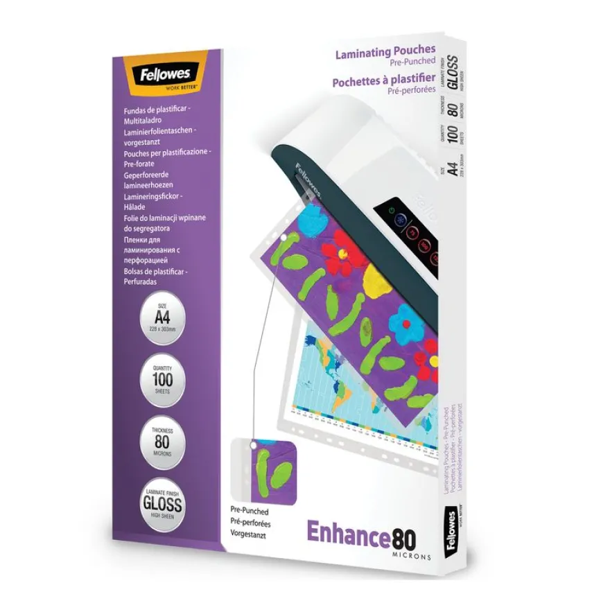 Fellowes - 100 pochettes de plastification A4 (216 x 303 mm) - 80 microns - brillantes pré-perforées