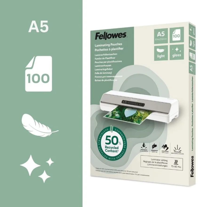 Fellowes - 100 pochettes de plastification A5 - recyclé - brillantes
