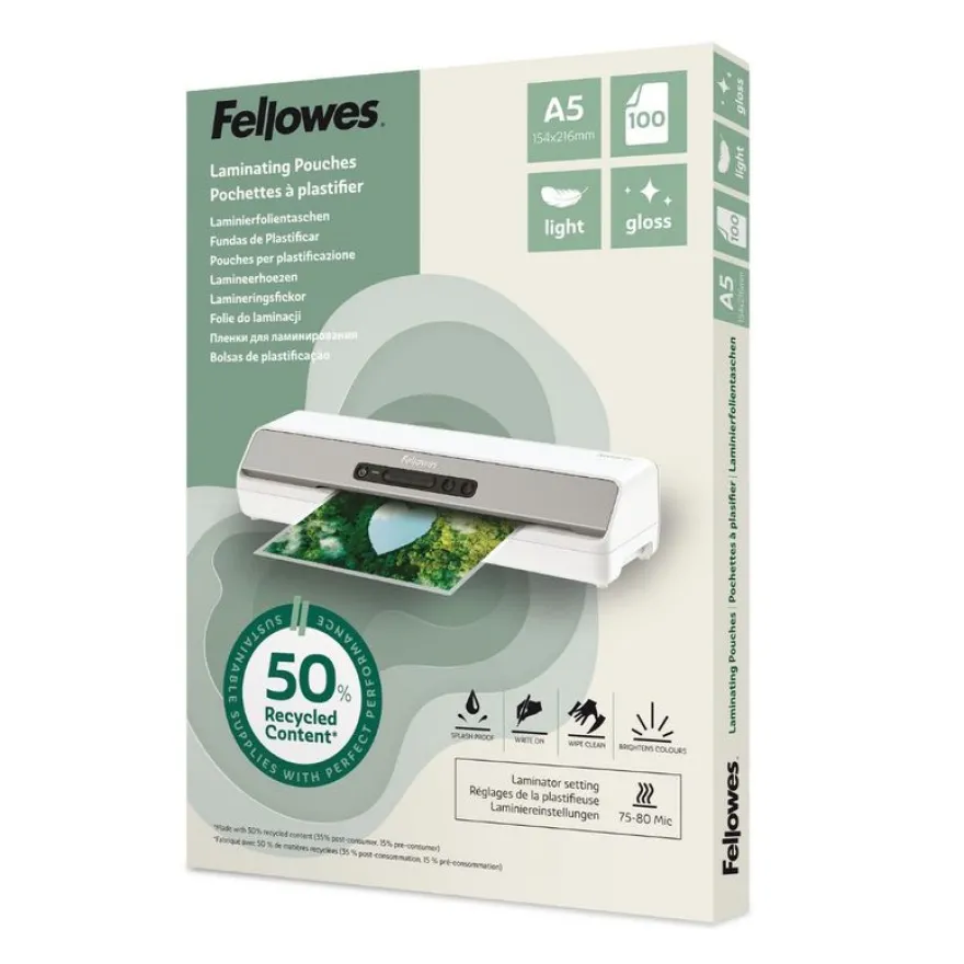 Fellowes - 100 pochettes de plastification A5 - recyclé - brillantes