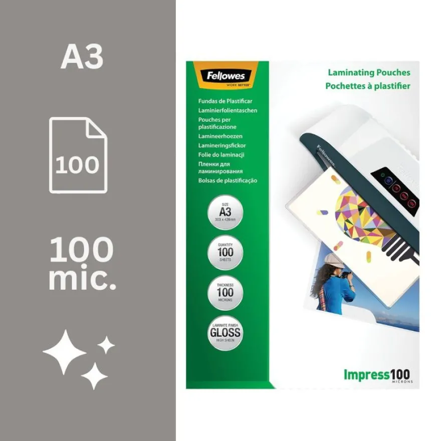 Fellowes - 100 pochettes de plastification A3 (303 x 426 mm) - 100 microns - brillantes