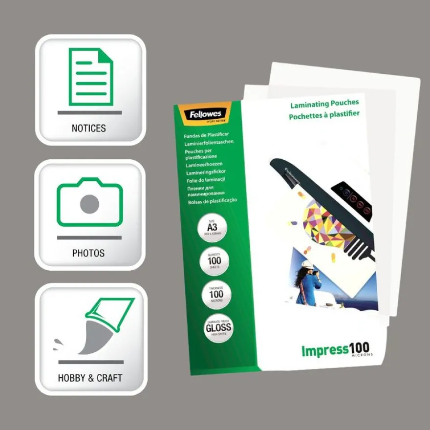 Fellowes - 100 pochettes de plastification A3 (303 x 426 mm) - 100 microns - brillantes