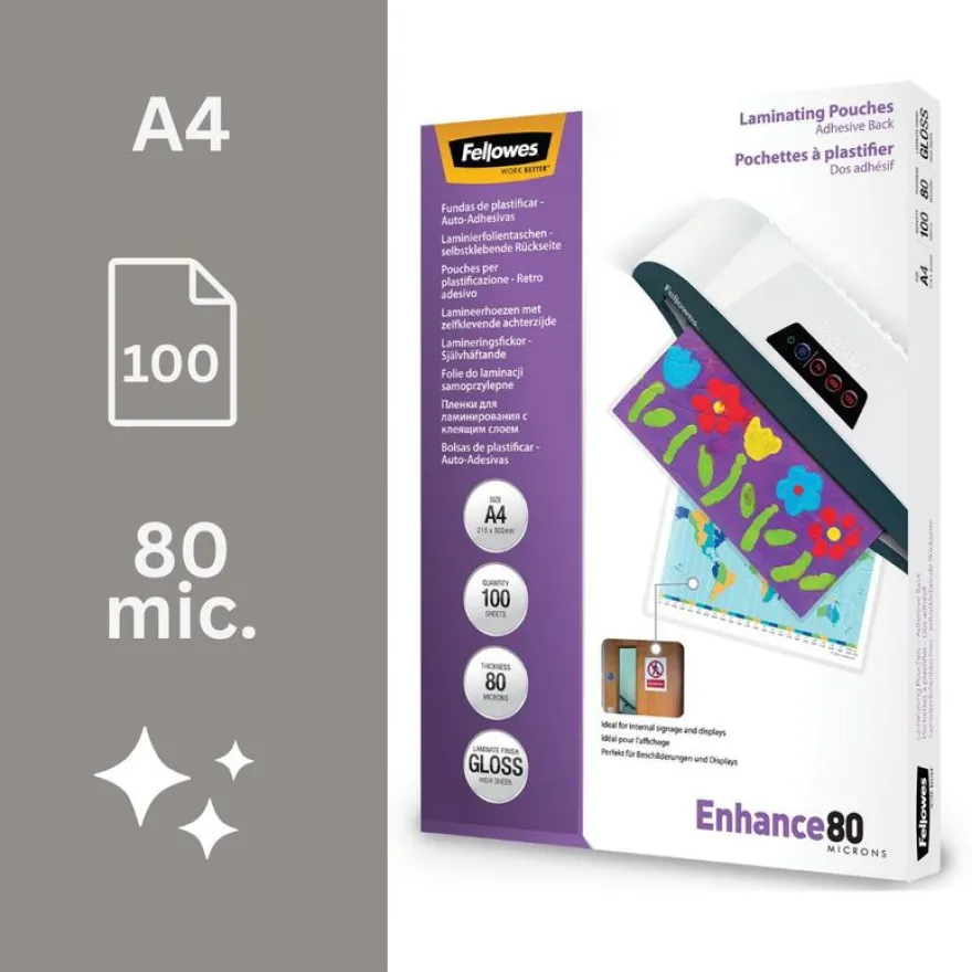 Fellowes - 100 pochettes de plastification A4 (216 x 303 mm) - 80 microns - brillantes dos adhésif