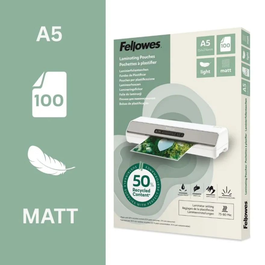Fellowes - 100 pochettes de plastification A5 - recyclé - mates
