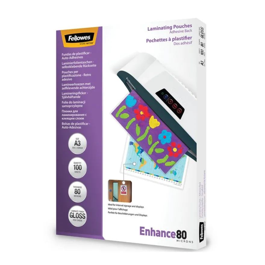 Fellowes - 100 pochettes de plastification A3 (303 x 426 mm) - 80 microns - brillantes dos adhésif