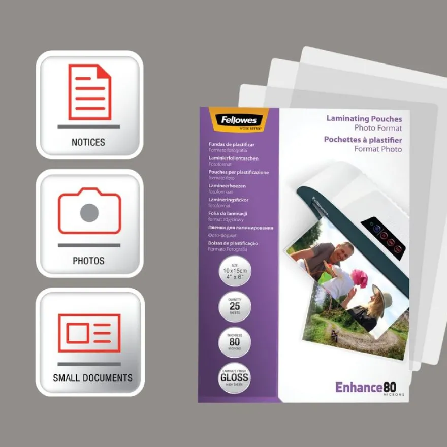 Fellowes - 25 pochettes de plastification photo (108 x 159 mm) - 80 microns - brillantes