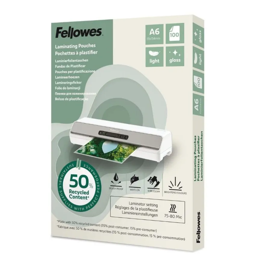 Fellowes - 100 pochettes de plastification A6 - recyclé - brillantes
