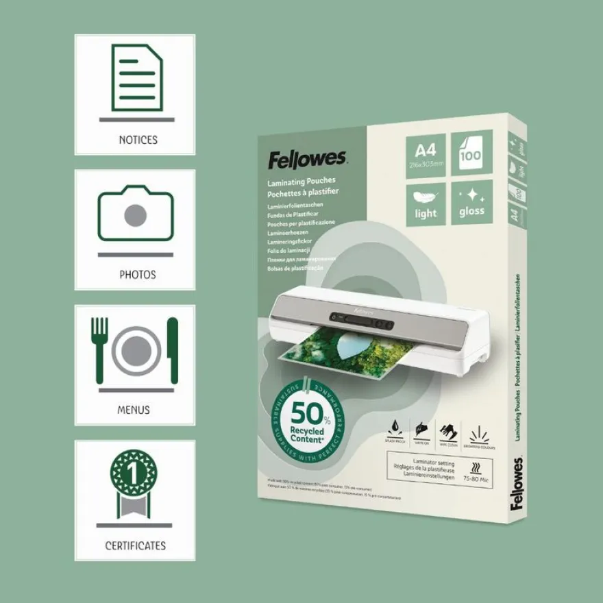 Fellowes - 100 pochettes de plastification A4 - recyclé - brillantes