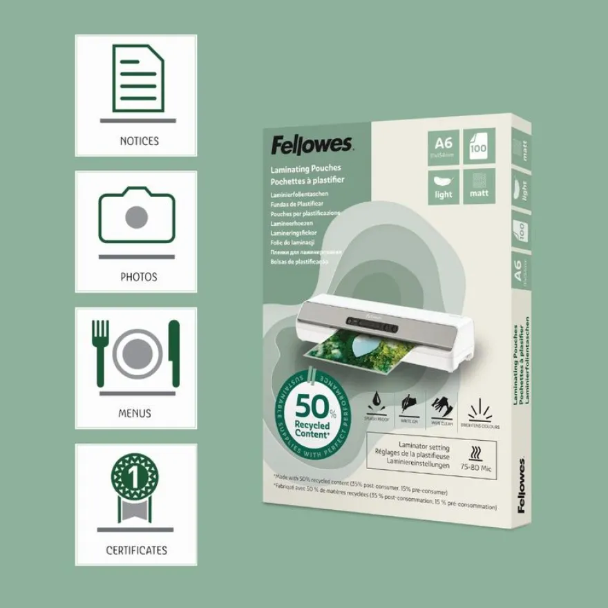 Fellowes - 100 pochettes de plastification A6 - recyclé - mates