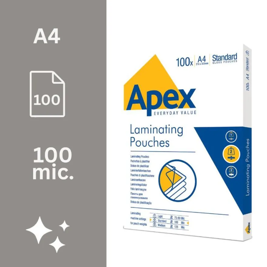 Fellowes Apex - 100 pochettes de plastification A4 (216 x 303 mm) - 100 microns