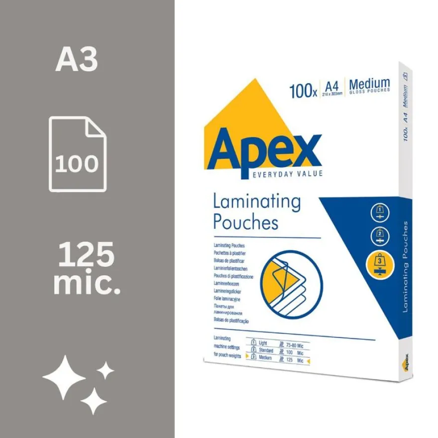Fellowes Apex - 100 pochettes de plastification A4 (216 x 303 mm) - 125 microns