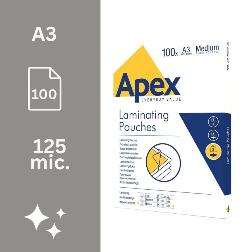 Fellowes Apex - 100 pochettes de plastification A3 (303 x 426 mm) - 125 microns