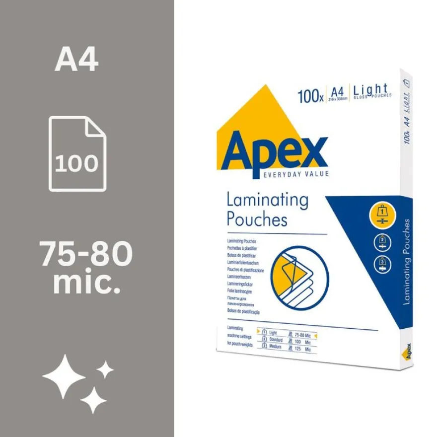Fellowes Apex - 100 pochettes de plastifications A4 (216 x 303 mm) - 80 microns