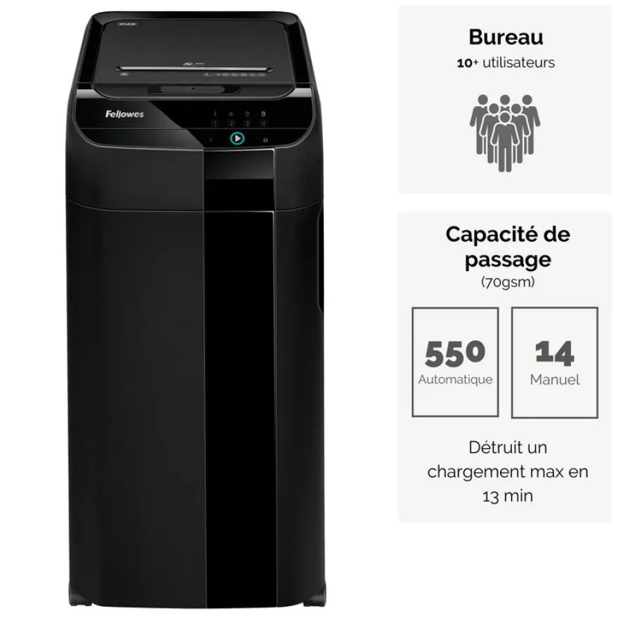 Fellowes AutoMax 550C - destructeur de documents coupe croisée - 550 feuilles - Corbeille 83 litres - anti-bourrage - destruction silencieuse