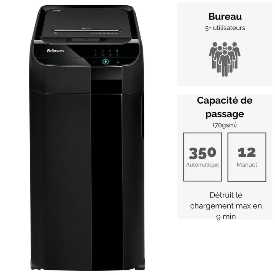 Fellowes AutoMax 350C - destructeur de documents coupe croisée - 350 feuilles - Corbeille 68 litres - anti-bourrage - destruction silencieuse