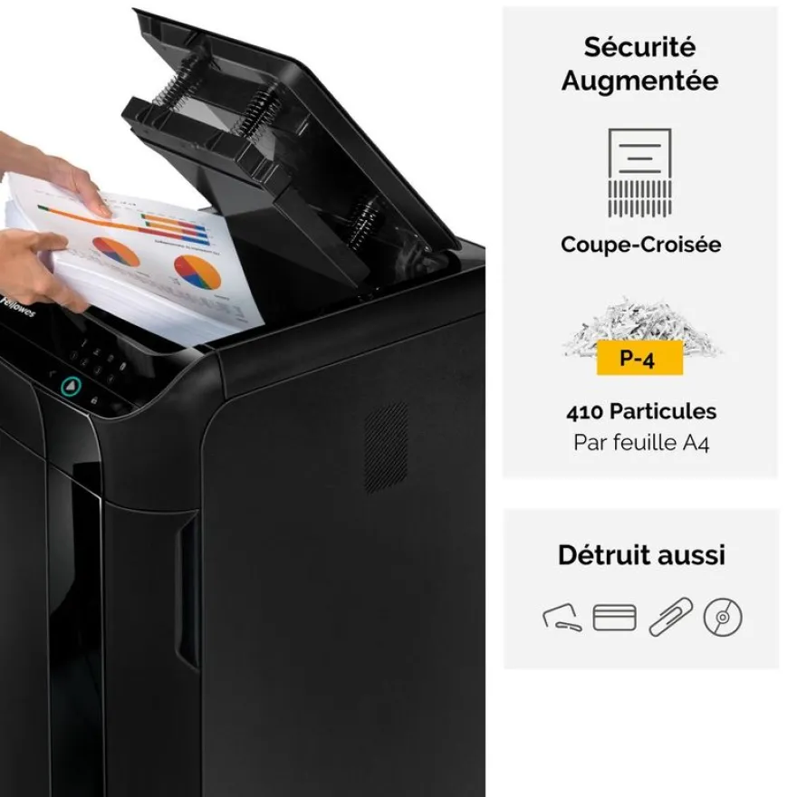 Fellowes AutoMax 350C - destructeur de documents coupe croisée - 350 feuilles - Corbeille 68 litres - anti-bourrage - destruction silencieuse