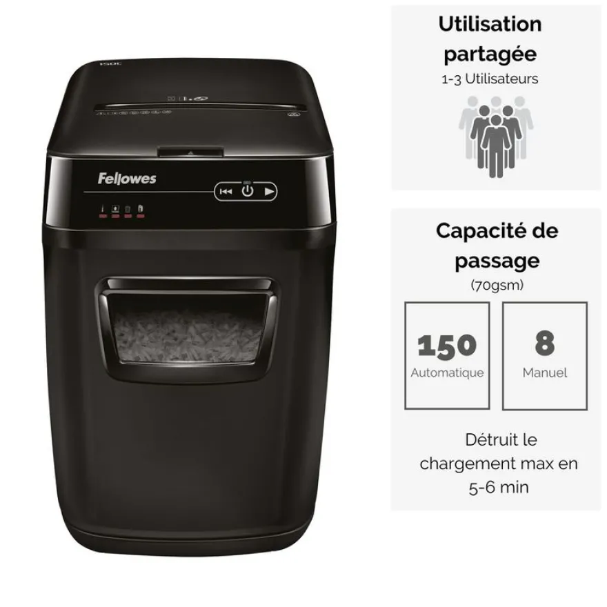 Fellowes AutoMax 150C - destructeur de documents coupe croisée - 150 feuilles - Corbeille 32 litres - anti-bourrage - destruction silencieuse
