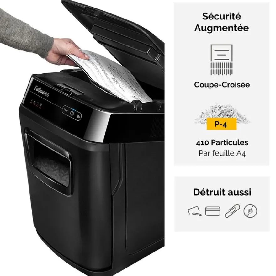 Fellowes AutoMax 150C - destructeur de documents coupe croisée - 150 feuilles - Corbeille 32 litres - anti-bourrage - destruction silencieuse