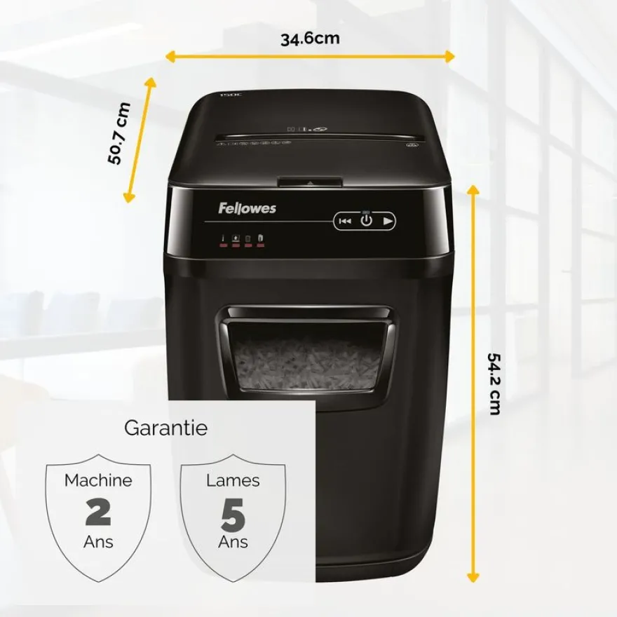 Fellowes AutoMax 150C - destructeur de documents coupe croisée - 150 feuilles - Corbeille 32 litres - anti-bourrage - destruction silencieuse