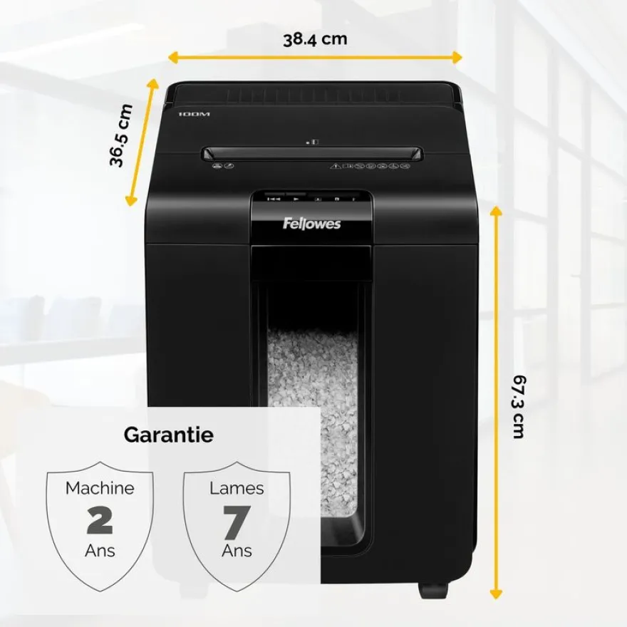 Fellowes AutoMax 100M - destructeur de documents coupe croisée mini-cut - 100 feuilles - Corbeille 23 litres - technologie anti-bourrage