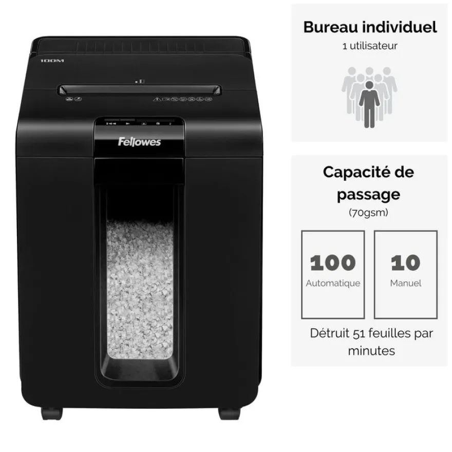 Fellowes AutoMax 100M - destructeur de documents coupe croisée mini-cut - 100 feuilles - Corbeille 23 litres - technologie anti-bourrage