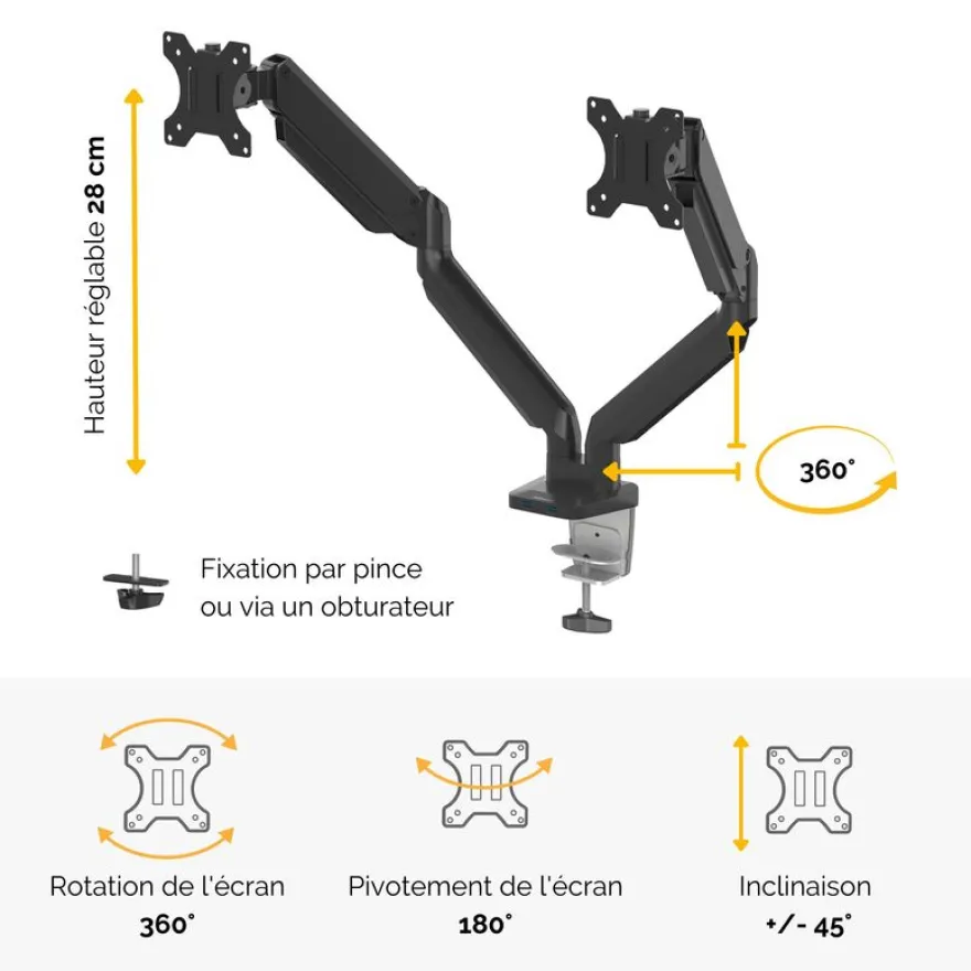 Fellowes Platinum series - Bras porte écran double réglable - fixation sur bureau - noir